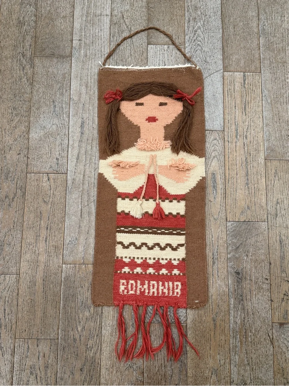 Vintage Romanian Folk Art Woven Wool Wall Hanging Tapestry MCM Kilim Girl 70s